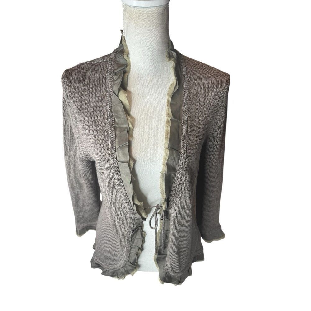 BODEN Linen Silk Blend Ruffle Detail CARDIGAN SWEATER W Tie Sz 14 Brown Green